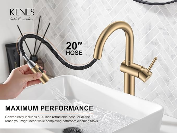 Champagne Bronze Pull Down Tall Vessel Sink Faucet 1 Hole 1 Handle | Vessel Bowl Faucet with Pop Up Drain & Supply Lines, Lead-Free cUPC & NSF Certified, 1 Hole Faucet for Vanity RV Restroom