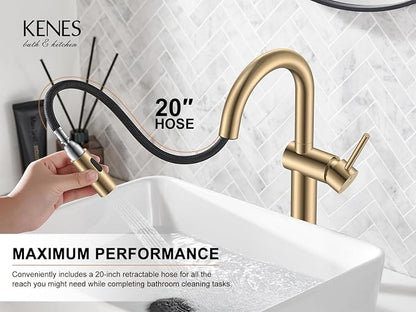 Champagne Bronze Pull Down Tall Vessel Sink Faucet 1 Hole 1 Handle | Vessel Bowl Faucet with Pop Up Drain & Supply Lines, Lead-Free cUPC & NSF Certified, 1 Hole Faucet for Vanity RV Restroom