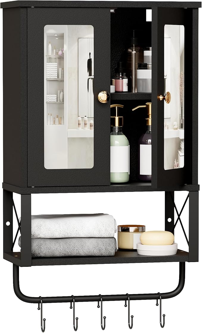 BEWISHOME Bathroom Medicine Cabinet Mirror with Towel Bar, Black | Wall Mounted Cabinet with Adjustable Shelf Hooks, Space-Saving Over-Toilet for Bathroom, Living Room, 7.1x15.4x24.4 Inches
