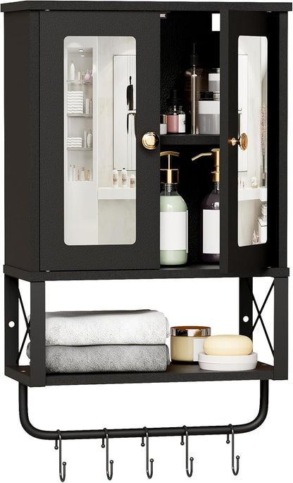 BEWISHOME Bathroom Medicine Cabinet Mirror with Towel Bar, Black | Wall Mounted Cabinet with Adjustable Shelf Hooks, Space-Saving Over-Toilet for Bathroom, Living Room, 7.1x15.4x24.4 Inches