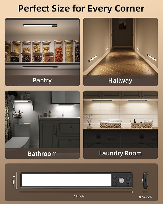 EZVALO Under Cabinet Lighting, 3500mAh Rechargeable Motion Sensor Light Indoor, 3 Color Temps, 5-Level Dimmable Magnetic Wireless Closet Lights for Kitchen, Stairs (Black, 2 Pack)