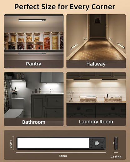 EZVALO Under Cabinet Lighting, 3500mAh Rechargeable Motion Sensor Light Indoor, 3 Color Temps, 5-Level Dimmable Magnetic Wireless Closet Lights for Kitchen, Stairs (Black, 2 Pack)