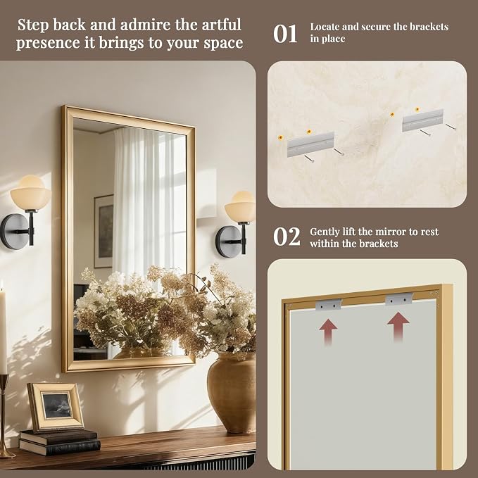 2 Pack 24x36 Inch Brushed Gold Bathroom Mirrors for Over Sink | Curved Aluminum Frame Rectangle Vanity Mirror Set for Double Sink, HD Tempered Glass, Anti-Rust, Horizontal or Vertical