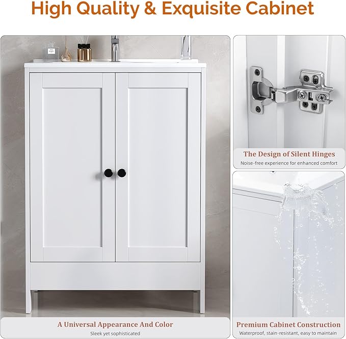 VINGLI 24 Inch White Bathroom Vanity with Sink, Modern Freestanding Sink Vanity with Soft-Close Doors and Storage Shelves, White Bathroom Cabinet with Single Hole Ceramic Basin for Small Bathrooms