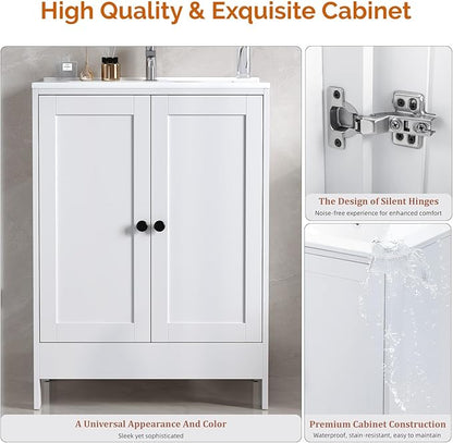 VINGLI 24 Inch White Bathroom Vanity with Sink, Modern Freestanding Sink Vanity with Soft-Close Doors and Storage Shelves, White Bathroom Cabinet with Single Hole Ceramic Basin for Small Bathrooms