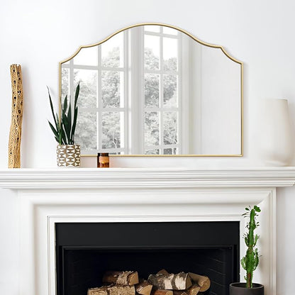 Besdomus Gold Scalloped Dresser Mirror: 35"x26" Wooden Bathroom Mirror | Modern Minimalist Decorative Arched Wall Mirror for Vanity/Mantel/Bedroom/Entryway/Fireplace/Nightstand/Dining Room/Over Sink