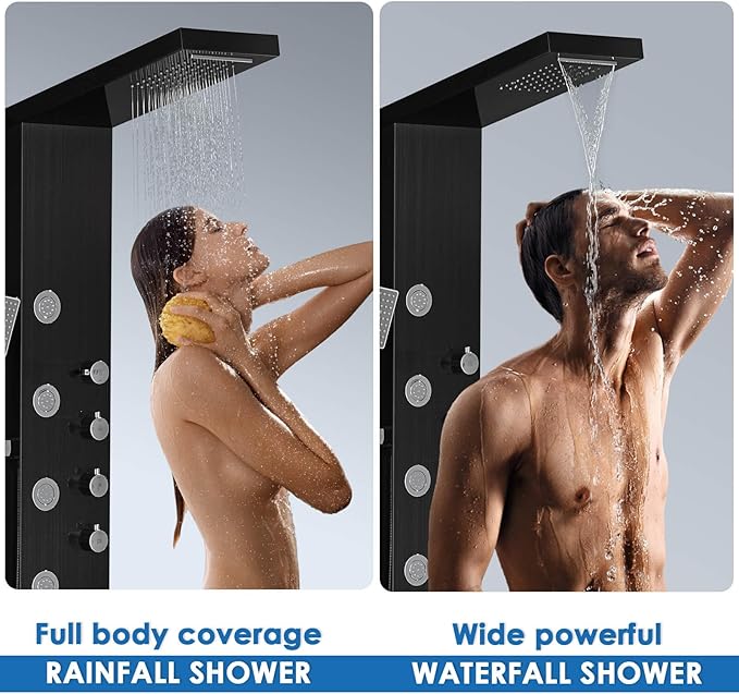 ROVOGO Shower Panel Tower System with Rainfall Waterfall Shower, 5 Body Jets and 3-Setting Handheld, 304 Stainless Steel Shower Column Wall-Mount, Black