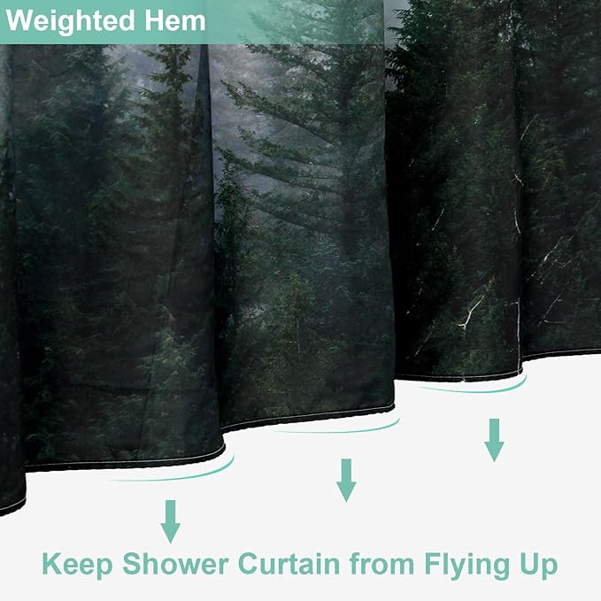 ORTIGIA 60x72 Misty Forest Stall Shower Curtain for Small Bathroom, Dark Green Narrow Nature Woodland Shower Curtain Set with Hooks, Waterproof Fabric Pine Tree Fog Magic Home Bath Curtain