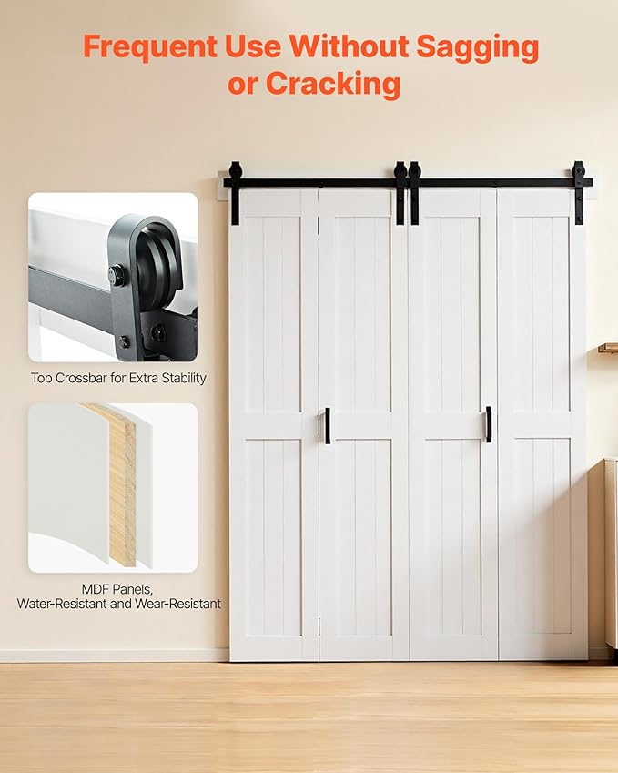 VEVOR Bifold Barn Door, 72" x 84", MDF Bi-Fold Sliding Closet Doors, Header Board and Hardware Kit Included, H-Frame Space-Saving Design, Pre-Assembled Panels, Waterproof & Quiet, White