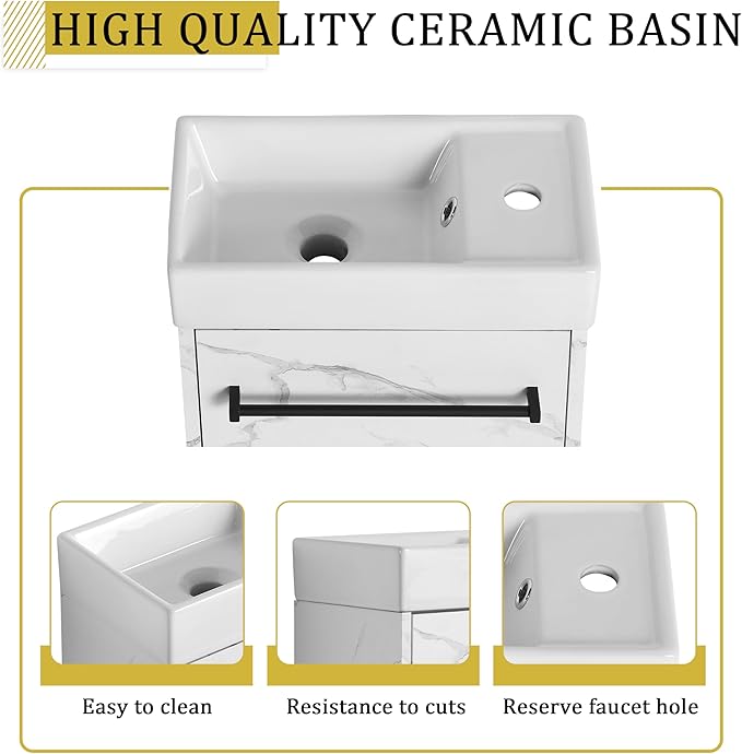 KEIKI 16'' Bathroom Vanity Cabinet with Sink, Wall Mounted Floating Bathroom Vanity with Soft-Close Cabinet Door, for Small Bathroom, Carrara White
