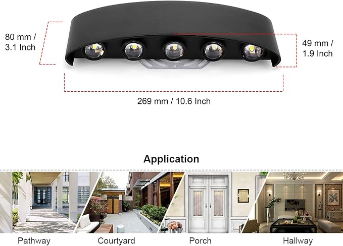 Kawell 10W Waterproof Modern Wall Sconces LED Wall Light Up Down Aluminum Wall Lamp LED Indoor Outdoor for Bedroom Living Room Bathroom Porch Stairs Hotels Garden Pathway, Black 6000K