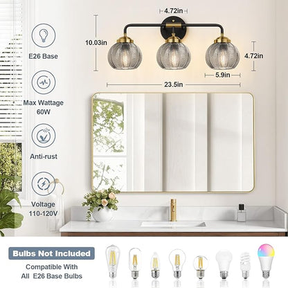 Bathroom Light Fixtures, 3-Light Smokegray Vanity Lights with Unique Leaf Texture Glass Shade, Modern Matte Black and Gold Bathroom Wall Lamp for Mirror Hallway Cabinet Living Room