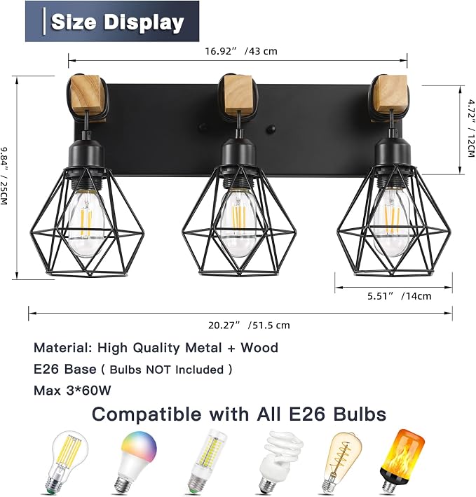 maesta 3 Light Bathroom Vanity Light, Farmhouse Black Fixture Over Mirror | Farmhouse Bathroom Light Fixtures, Wood & Metal, Anti-Rust, Easy to Install for Rustic Bathroom Hallway