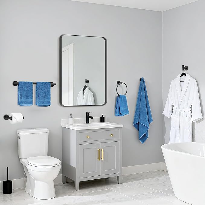 Matte Black Bathroom Accessories, Bathroom Hardware Set, SUS304 Stainless Steel Bathroom Towel Bar Set with 24 Inch Towel Holder, 2 Towel Hooks, Toilet Paper Holder, Towel Ring