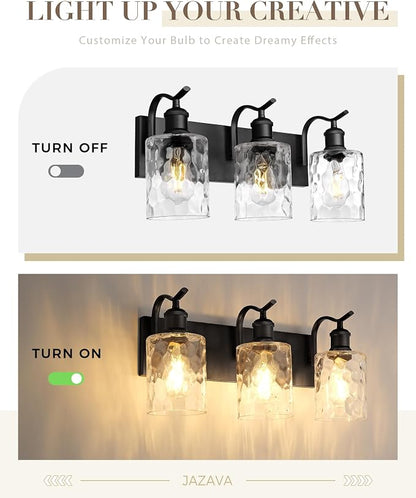 3-Light 20 Inch Bathroom Vanity Light,Hammered Glass,Black | Over Mirror Wall Light,E26 sockets,for bathroom mirror,powder room,dressing area,wall-mounted vanity lighting