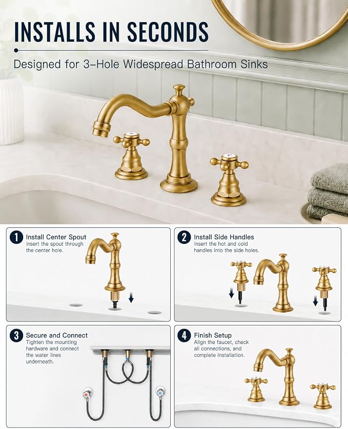gotonovo Bathroom Faucet 3 Hole Vintage, Antique Brass, H C Label | Widespread Bathroom Sink Faucet 8 Inch 2 Cross Handles,Pop Up Drain,cUPC Supply Line,4-15.7” Install,for Vanity Farmhouse RV