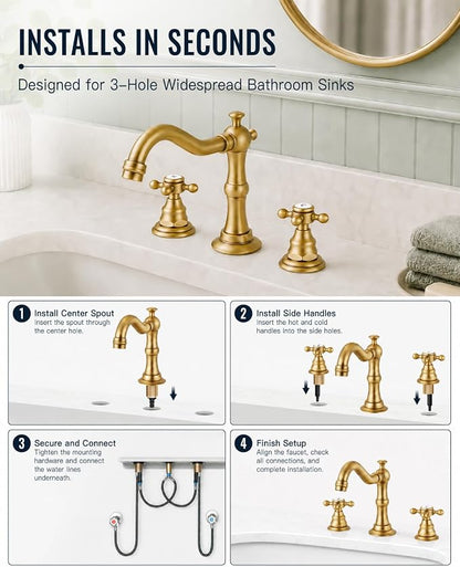 gotonovo Bathroom Faucet 3 Hole Vintage, Antique Brass, H C Label | Widespread Bathroom Sink Faucet 8 Inch 2 Cross Handles,Pop Up Drain,cUPC Supply Line,4-15.7” Install,for Vanity Farmhouse RV
