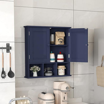 TaoHFE Blue Bathroom Over The Toilet Storage Cabinet,Wall Medicine Cabinet Organizer with 2 Door Adjustable Shelves,Wooden Modern Bathroom Shelves Wall Mounted Laundry Room