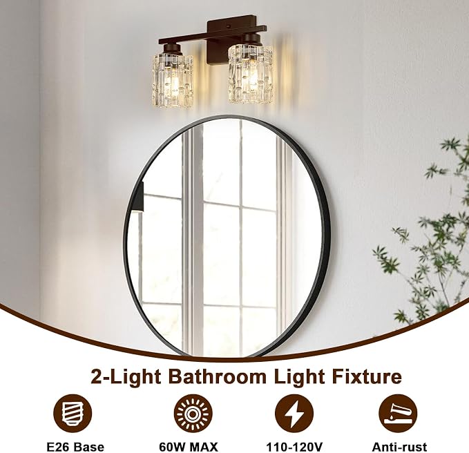 Refice 2-Light Bathroom Vanity Lights Crystal Glass, Oil Rubbed Bronze | Bathroom Light Fixtures Vanity Lighting Over Mirror for Living Room Farmhouse, Hallway