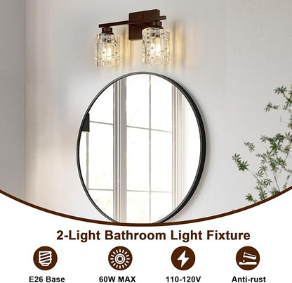 Refice 2-Light Bathroom Vanity Lights Crystal Glass, Oil Rubbed Bronze | Bathroom Light Fixtures Vanity Lighting Over Mirror for Living Room Farmhouse, Hallway