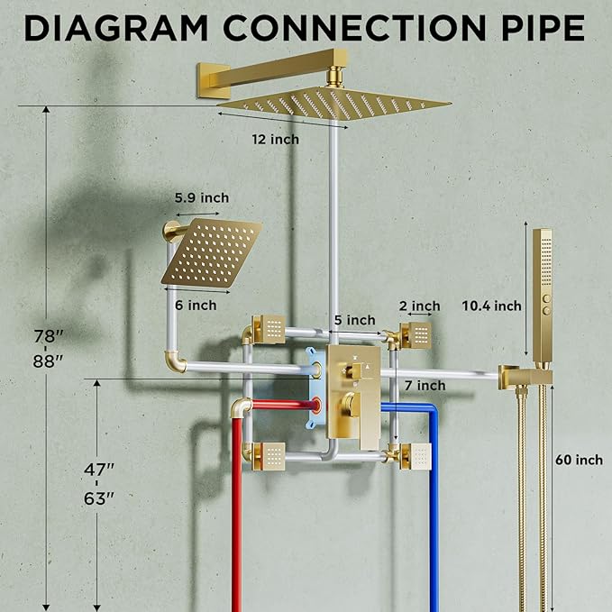 Shower System with 4 Body Spray Jets, STARBATH 4 Way 12 + 6"Rainfall Shower Head with Handheld Combo, Wall Mounted Shower Jets System in Wall Shower Faucet Set, Brushed Gold