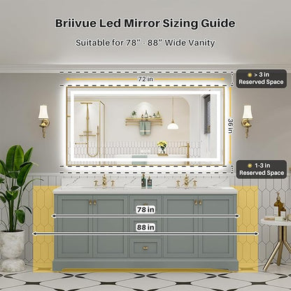 72x36 Inch LED Bathroom Mirror with Gold Frame, Backlit & Front Lit, Anti-Fog Lighted Bathroom Vanity Mirror for Wall, Memory Function, Dimmable, HD Tempered Glass, Shatter-Proof