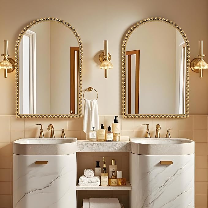 24"x36" Antique Gold Arched Bathroom Mirror, Bold Beaded Frame | Vintage decorative wall mirror for vanity, powder room, entryway, living room, bedroom, and hallway, vertical hanging