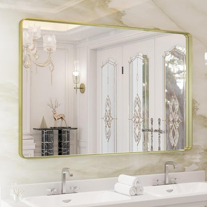 WEER 40X30 Inch Gold Bathroom Vanity Mirror | Rounded Rectangle Gold Mirror, Brushed Gold Metal Frame, Tempered Glass, Anti-Rust, Hangs Horizontally or Vertically