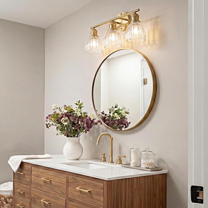 Bathroom Light Fixtures, 3-Light Brushed Gold Vanity Lights for Bathroom with Clear Tulip Glass Shade, 20" Vintage Bathroom Vanity Lighting Fixtures Over Mirror for Bedroom Living Room Hallway