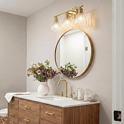 Bathroom Light Fixtures, 3-Light Brushed Gold Vanity Lights for Bathroom with Clear Tulip Glass Shade, 20" Vintage Bathroom Vanity Lighting Fixtures Over Mirror for Bedroom Living Room Hallway