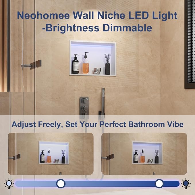 White Stainless Steel Shower Niche 18x12Inch, Dimmable RGB Led Light Wall Niche, No Tile Needed Recessed for Bathroom Storage Built-in Installation