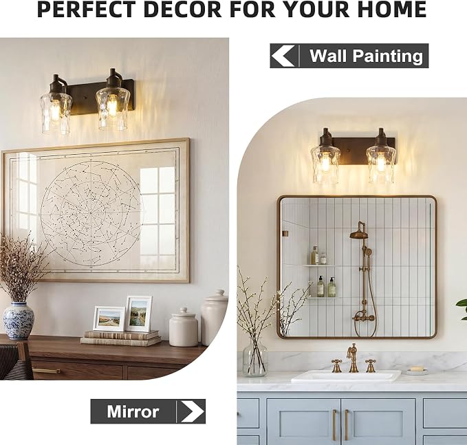 Bathroom Light Fixtures Farmhouse Oil Rubbed Bronze Vanity Lights for Bathroom Lighting Fixtures Over Mirror with Hammered Glass Lampshade for Cabinet Mirror Bedroom Hallway 2 Light