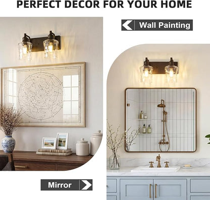 Bathroom Light Fixtures Farmhouse Oil Rubbed Bronze Vanity Lights for Bathroom Lighting Fixtures Over Mirror with Hammered Glass Lampshade for Cabinet Mirror Bedroom Hallway 2 Light