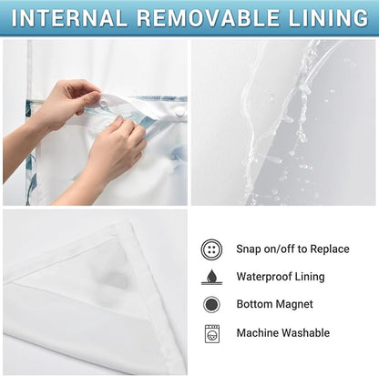 No Hook Floral Shower Curtain with Liner, Eucalyptus Blue, 71x74 | Snap in Liner, 3 in 1, Water Repellent, Easy Install, Machine Washable, Hotel Style for Bathroom, Watercolor Pattern