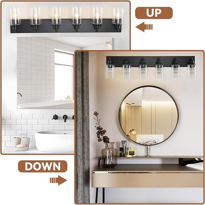 LOUSACE 6 Light Bathroom Vanity Light, Matte Black Bathroom Light Fixtures Over Mirror, Modern Bathroom Lighting with Clear Glass Shade, Black Farmhouse Wall Sconces Lighting Fixture