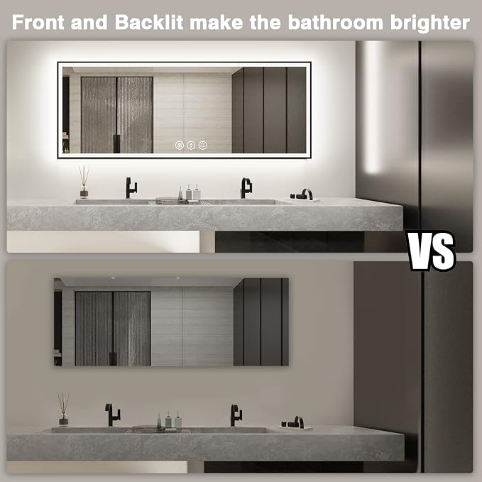 EchosLife 96x36 Large LED Bathroom Mirror with Lights - Black Aluminum Trim | Black Frame, Front and Backlit, Anti-Fog, Stepless Dimmable, 3 Colors, Memory, Tempered Glass, UL Listed, Horizontal/Vertical