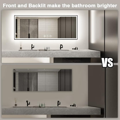 EchosLife 96x36 Large LED Bathroom Mirror with Lights - Black Aluminum Trim | Black Frame, Front and Backlit, Anti-Fog, Stepless Dimmable, 3 Colors, Memory, Tempered Glass, UL Listed, Horizontal/Vertical