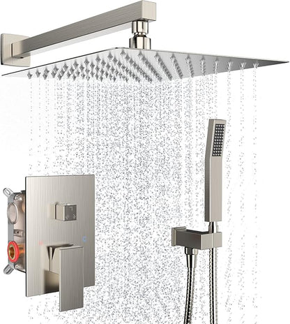 Shower System Wall Mounted 10 inch Shower Overhead for Bathroom,Rain Shower Combo Set with Handheld Spray,Luxury Rainfall Shower Head Rough-in Valve and Trim Included(Brushed Nickel)