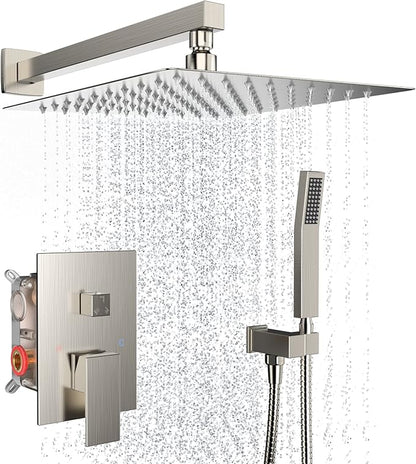 Brushed Nickel Rain Shower System Faucet Set with Handheld, 10 inch | Solid Metal Wall Mount Rainfall Shower Set with Safe Anti-Scald Valve, Air Injection High Pressure Water Saving Combo