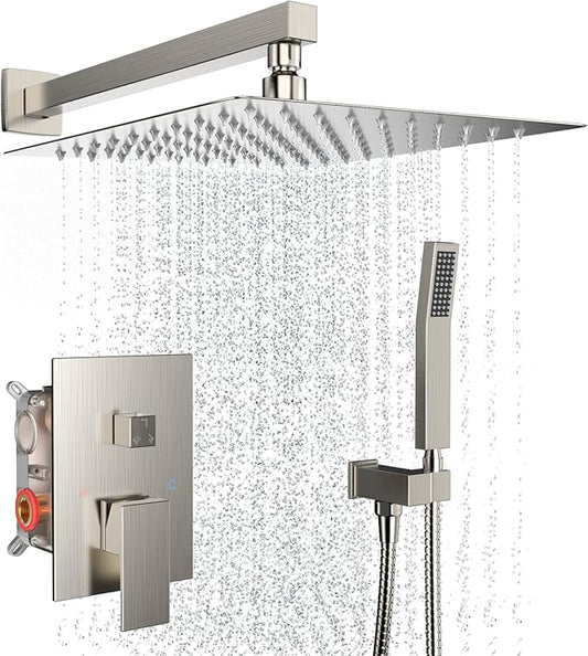 Brushed Nickel Rain Shower System Faucet Set with Handheld, 10 inch | Solid Metal Wall Mount Rainfall Shower Set with Safe Anti-Scald Valve, Air Injection High Pressure Water Saving Combo