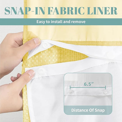 eachope No Hook Long Waffle Shower Curtain, Snap-in Liner, 71x86 in, Yellow | 230 GSM waffle weave fabric, waterproof liner set with 2 bottom magnets, mesh top window, washable, for bathroom or hotel use