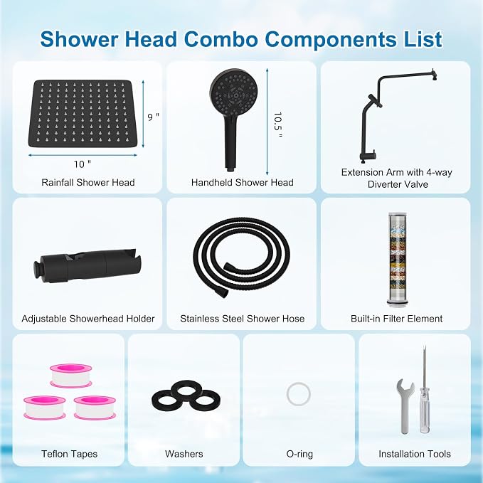 Metal 10" Rain Showerhead with 10-Spray Filter Handheld, 4-way Diverter | Oil Rubbed Bronze Finish, Upgraded High Pressure Shower Head with Pause Mode, 71" Stainless Steel Hose/12" Extension Arm