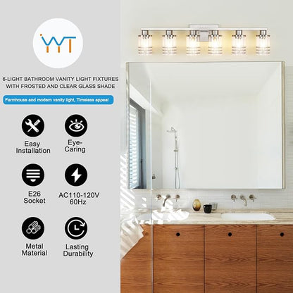 YYT 6-Light Bathroom Vanity Light Brushed Nicekl 6 Light Vanity Lights for Bathroom Light Fixtures Brushed Nicekl with Clear Glass Shade E26 Scoket
