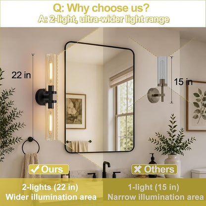 Indoi Wall Sconces Set of Two, Hardwired Matte Black Bathroom Sconces Wall Lights with Amber Glass, Modern Sconces Wall Decor Set of 2 Vanity Light fixtures for Bathroom Mirror Bedroom