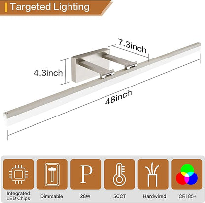 SOLFART 5 Color Temperature Dimmable 47.2 Inch Bathroom Light Fixtures Over Mirror Brushed Nickel Vanity Lights for Bathroom Modern LED Light Fixture 5CCT