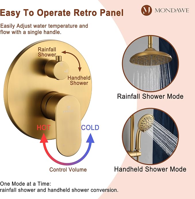 MONDAWE 8 Inch Wall Mounted Shower Faucet Set in Brushed Gold, Rainfall Shower Head with 3-Setting Handheld Spray Shower Set Combo, High Pressure Shower System with Solid Brass Valve