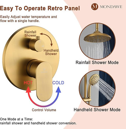 MONDAWE 8 Inch Wall Mounted Shower Faucet Set in Brushed Gold, Rainfall Shower Head with 3-Setting Handheld Spray Shower Set Combo, High Pressure Shower System with Solid Brass Valve