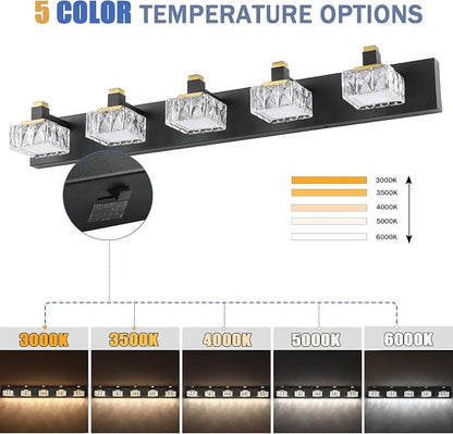 SineRise Bathroom Vanity Lights Over Mirror,5-Light Dimmable 5CCT Led Vanity Lights Black Gold Crystal Wall Sconce Lighting 40 inches Modern Vanity Light for Bathroom,Bedroom,Living Room(3000K-6000K)