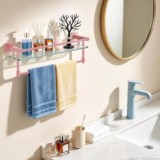 Bathroom Glass Shelf Towel Rack Shelf Glass Organizer Wall-Mounted Bathroom Storage SUS304 Stainless Steel Towel bar/Track Wall-Mounted Tempered Glass Stainless Steel Shelf (Pink, 20‘’ with Railing)