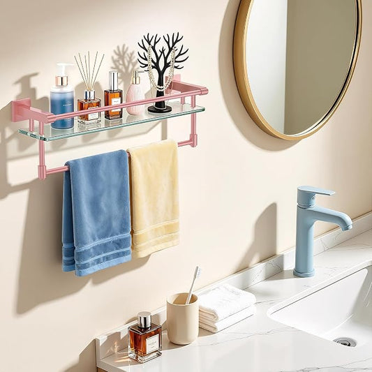 Bathroom Glass Shelf Towel Rack Shelf Glass Organizer Wall-Mounted Bathroom Storage SUS304 Stainless Steel Towel bar/Track Wall-Mounted Tempered Glass Stainless Steel Shelf (Pink, 20‘’ with Railing)